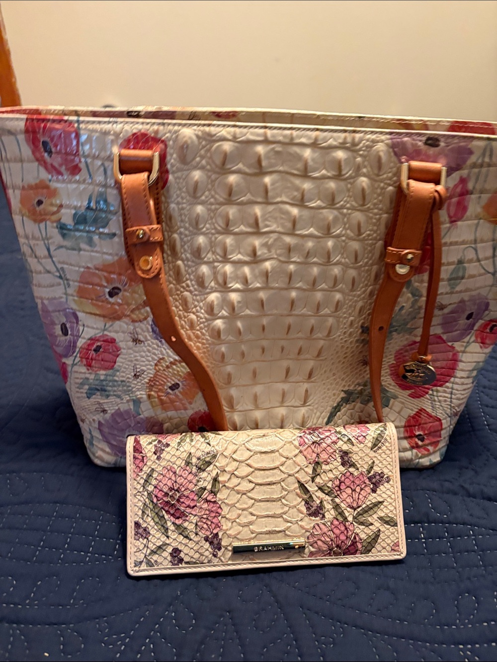 Brahmin Cream Floral Embossed Tote with Tan Straps and Matching Floral Wallet